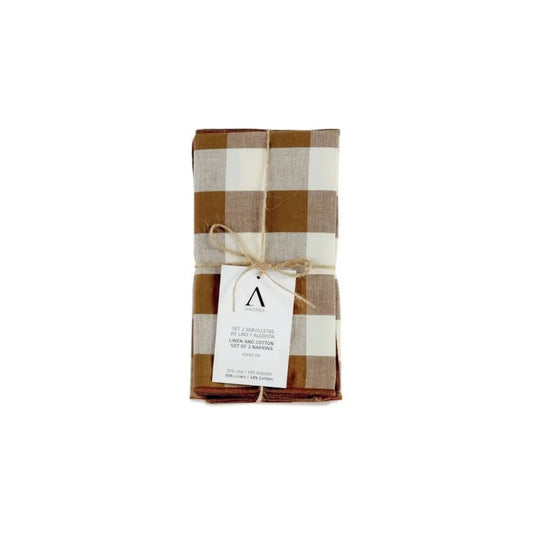 Set of 2 Brown Gingham Linen Table Napkins