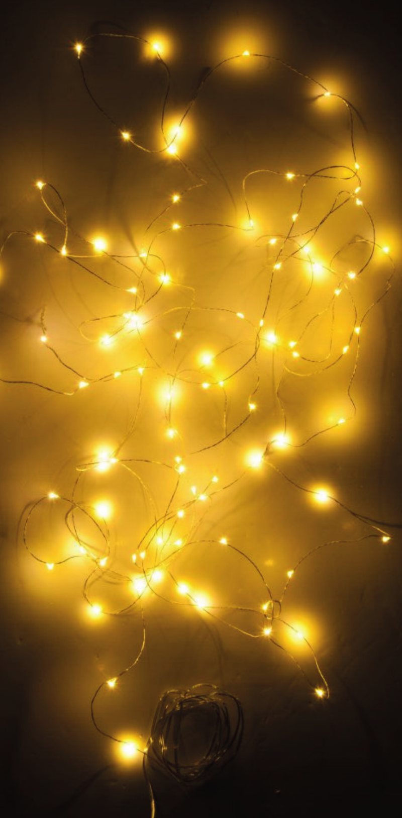Warm white fairy lights glowing against a dark background